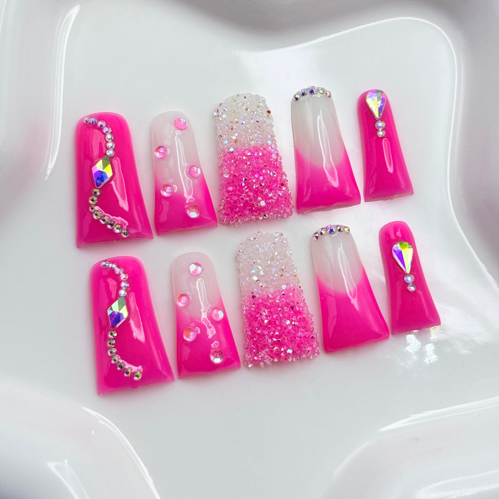 RIICFDD Handmade Press-On Nails – Long Duck Nails, Rose Pink Rhinestones, Reusable Acrylic (Size M)