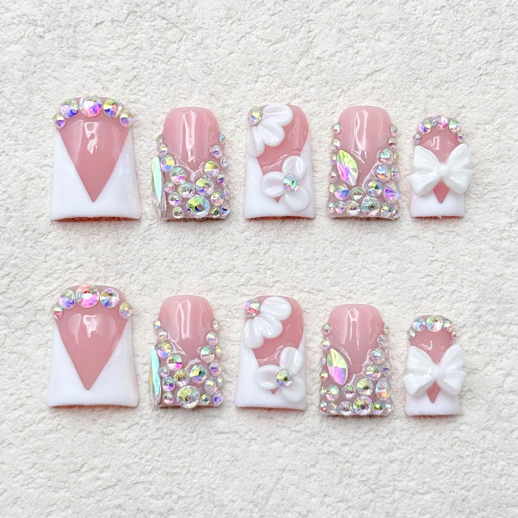 RIICFDD Luxury Rhinestone Medium Duck Press-On Nails – Nude 5D Flower Art & White French