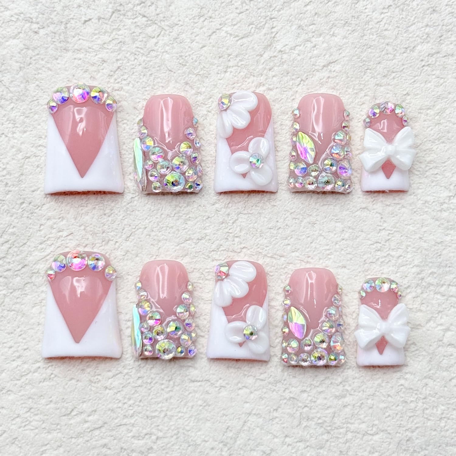 RIICFDD Luxury Rhinestone Medium Duck Press-On Nails – Nude 5D Flower Art & White French