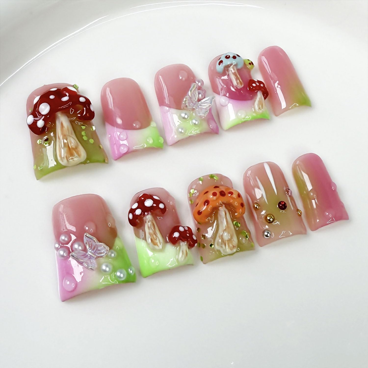 RIICFDD Luxury Handmade Press-On Nails – Medium Duck with 3D Mushroom Art (Size S)