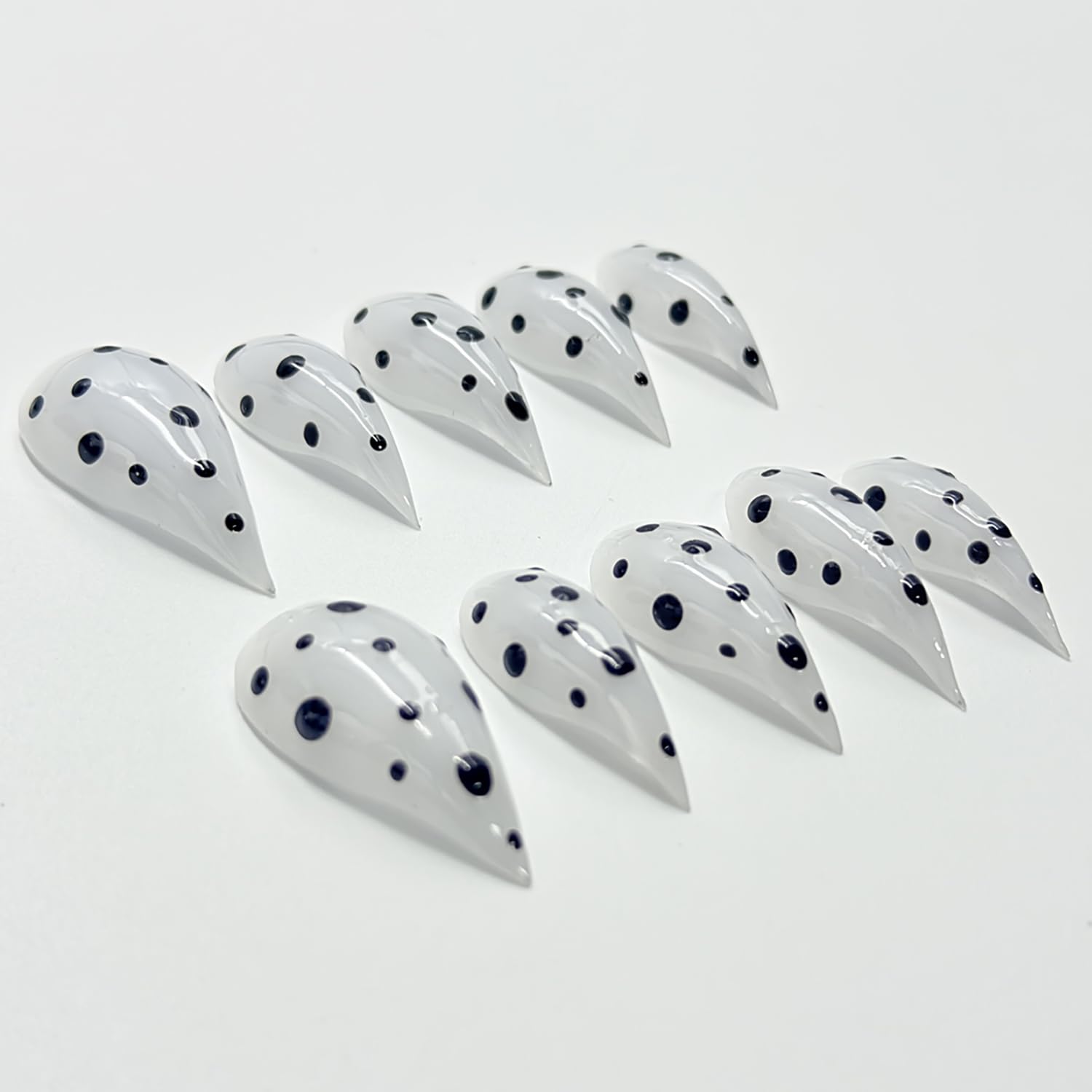 RIICFDD 10 Pcs Thick Press-On Nails White Stiletto – Reusable, Polka Dot Design