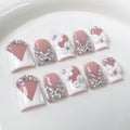 RIICFDD Luxury Rhinestone Medium Duck Press-On Nails – Nude 5D Flower Art & White French