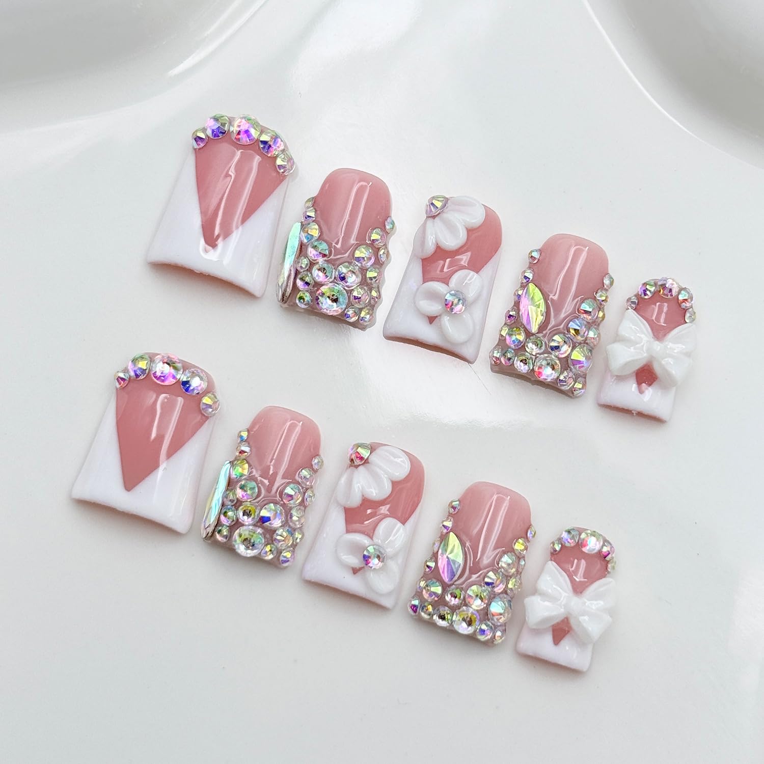 RIICFDD Luxury Rhinestone Medium Duck Press-On Nails – Nude 5D Flower Art & White French