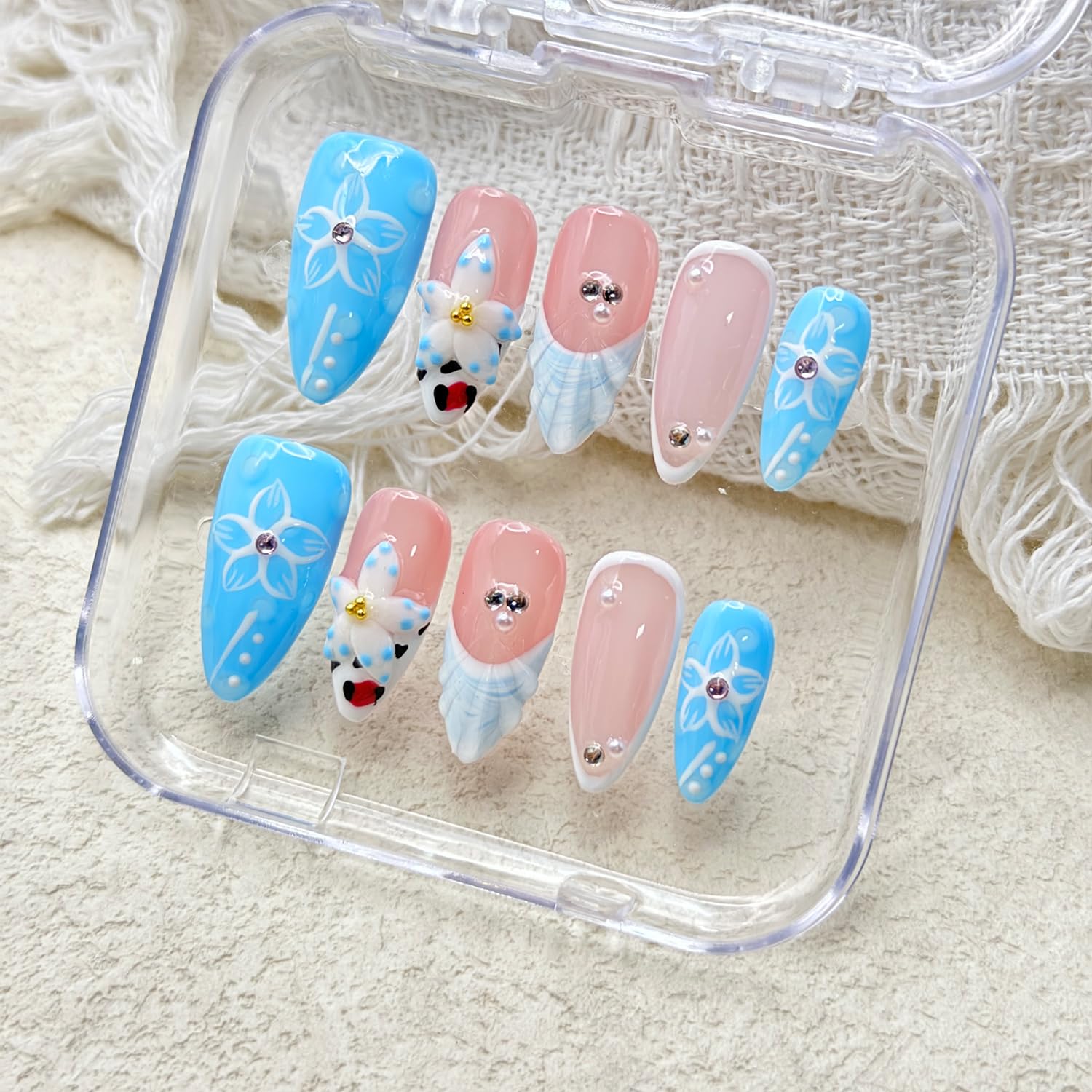 RIICFDD 10 Pcs Blue French Almond Press-On Nails – 5D Flower Art, Reusable Thick Gel Nails (Size S)