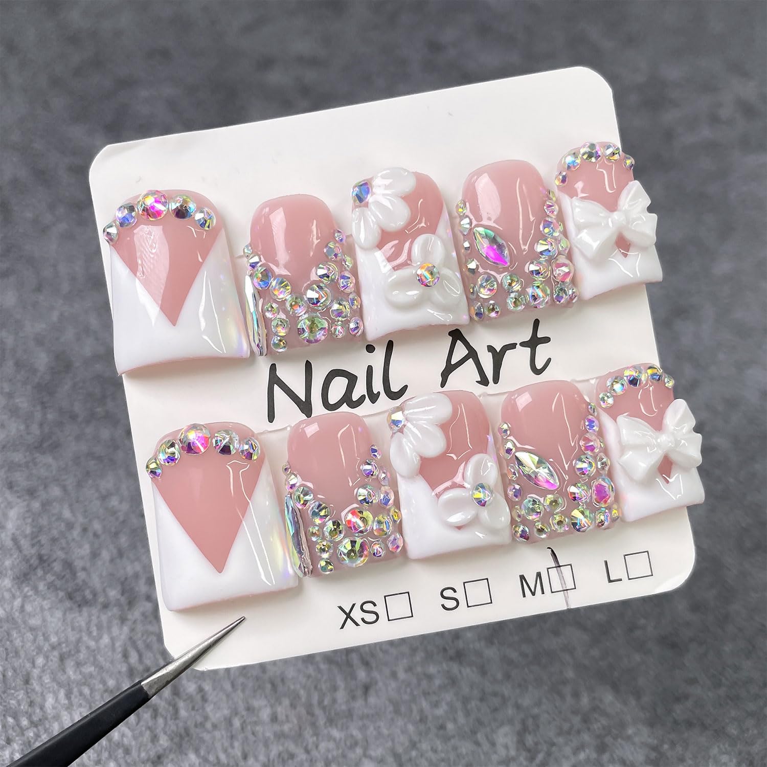 RIICFDD Luxury Rhinestone Medium Duck Press-On Nails – Nude 5D Flower Art & White French