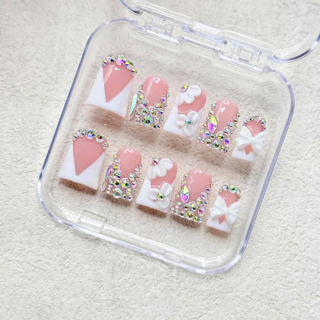 RIICFDD Luxury Rhinestone Medium Duck Press-On Nails – Nude 5D Flower Art & White French