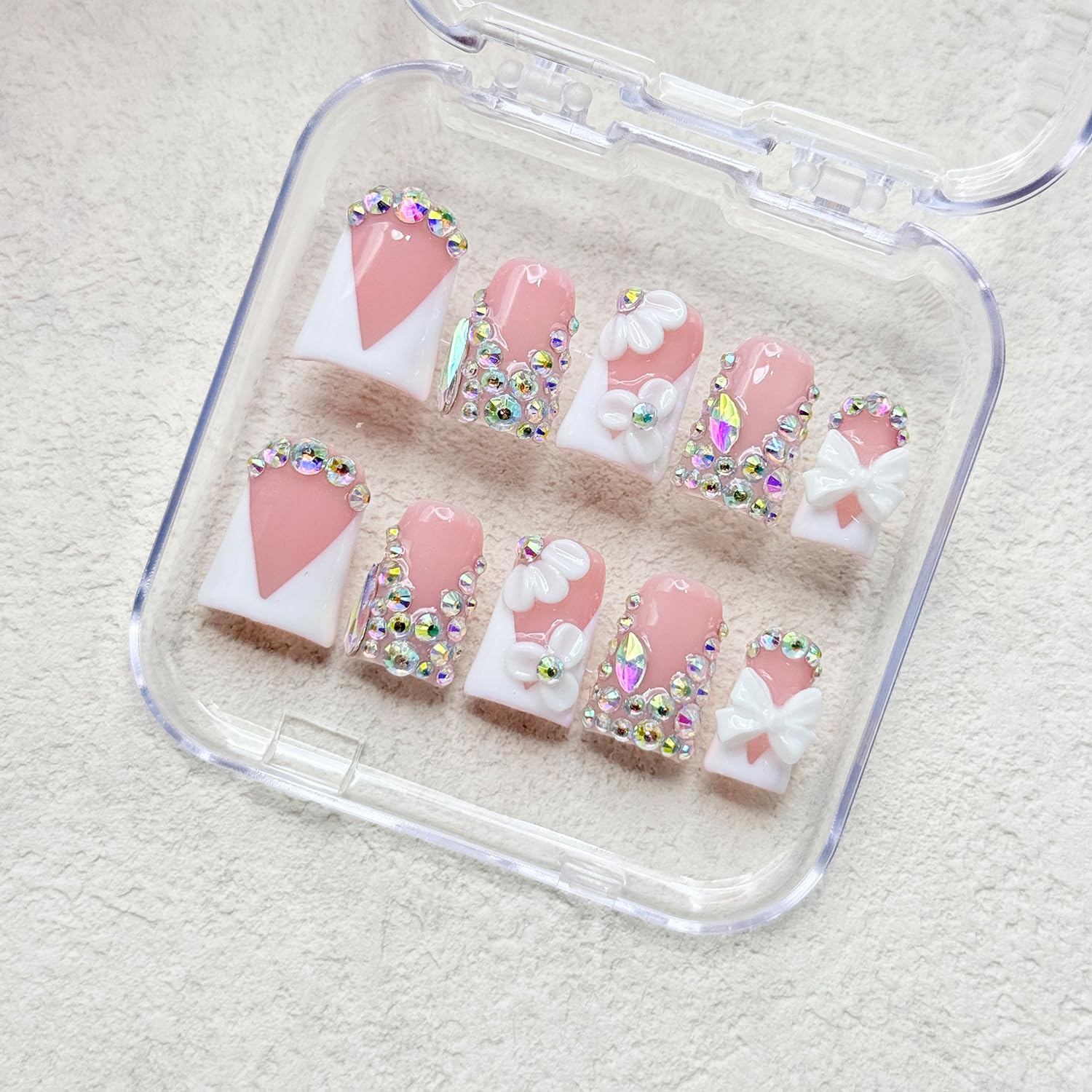 RIICFDD Luxury Rhinestone Medium Duck Press-On Nails – Nude 5D Flower Art & White French