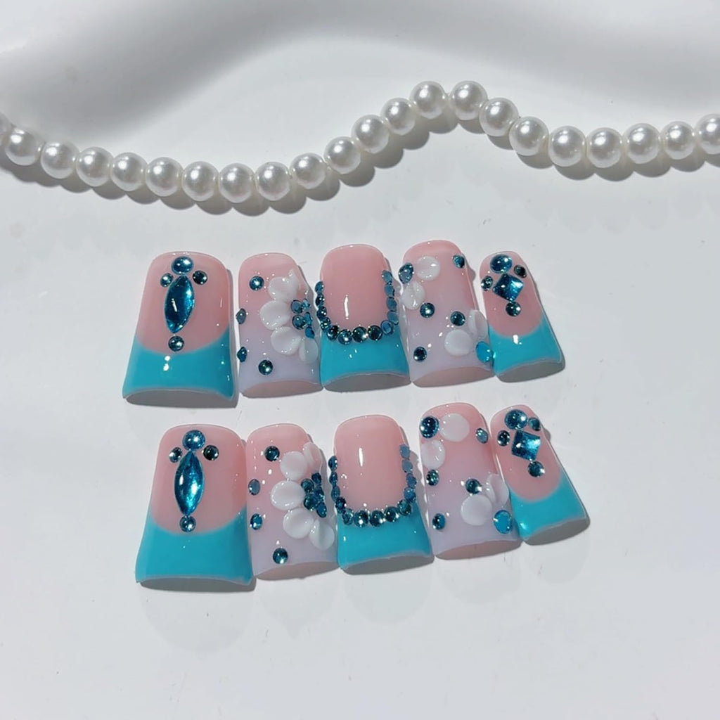 RIICFDD Handmade Press On Nails 3D Blue Rhinestones – Reusable Full-Cover Acrylic Nails (Size M)