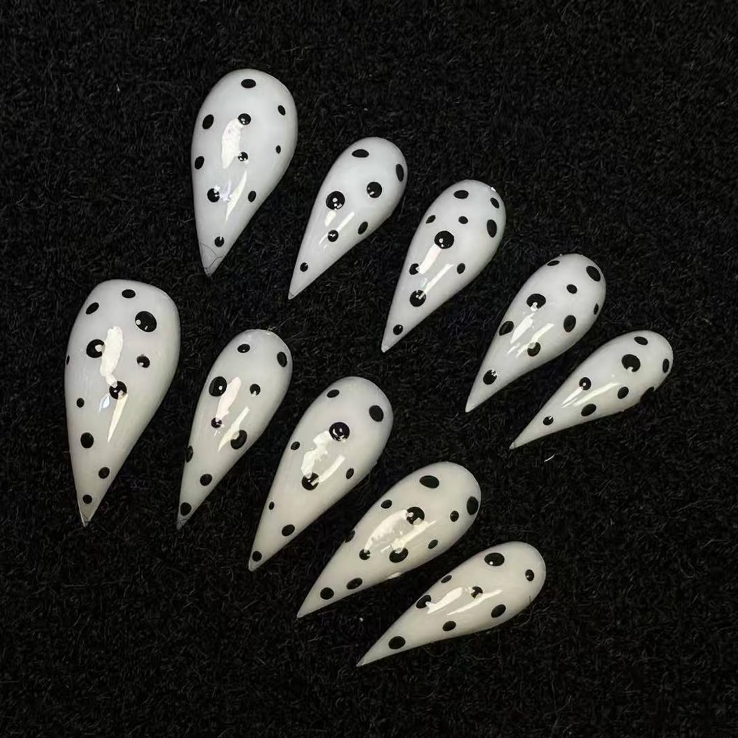 RIICFDD 10 Pcs Thick Press-On Nails White Stiletto – Reusable, Polka Dot Design