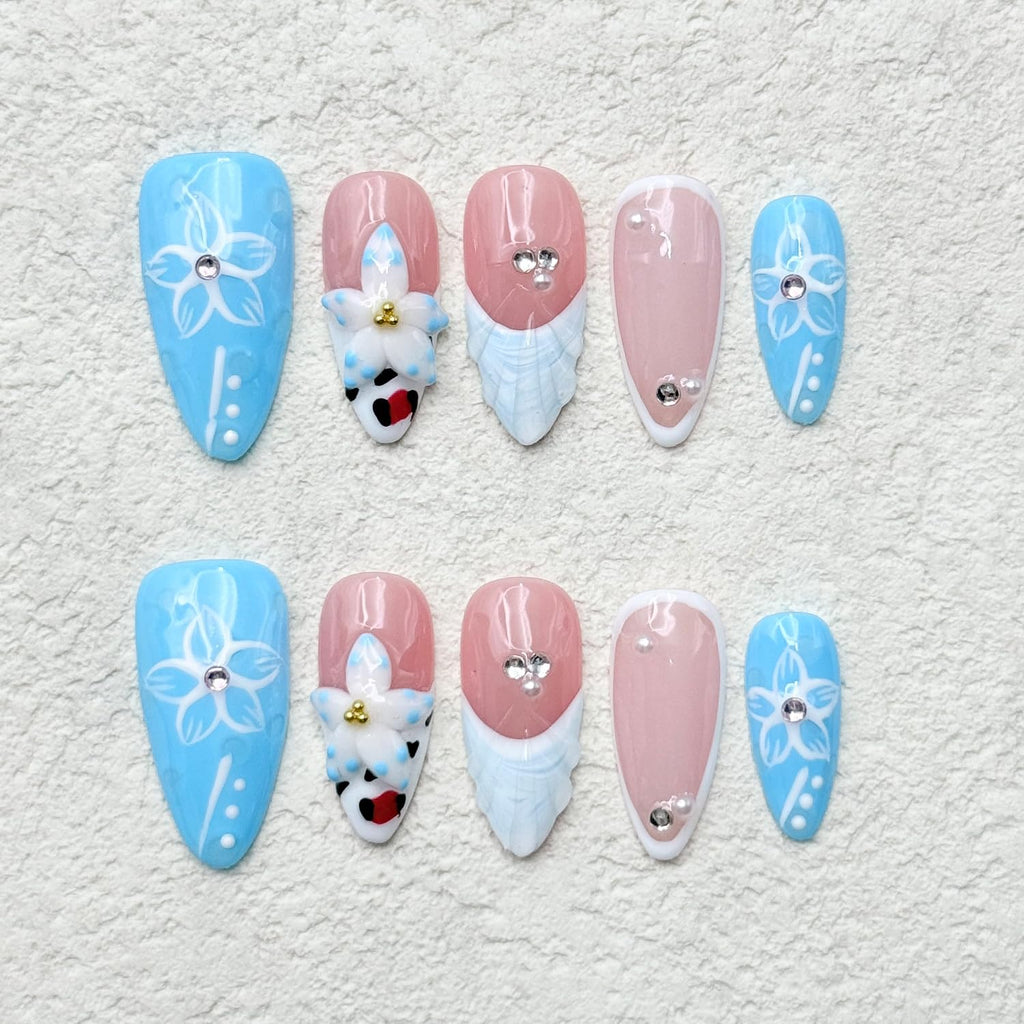 RIICFDD 10 Pcs Blue French Almond Press-On Nails – 5D Flower Art, Reusable Thick Gel Nails (Size S)