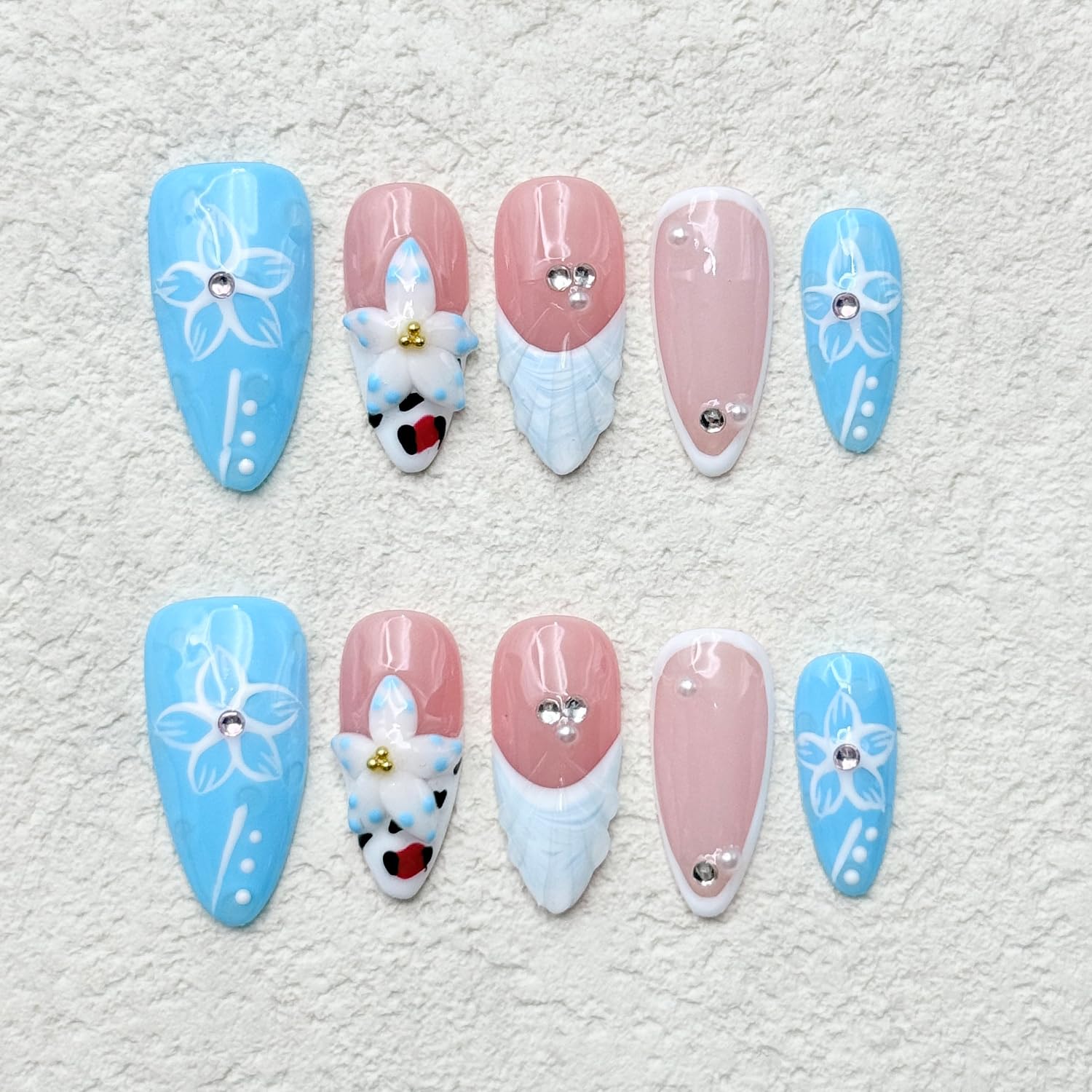 RIICFDD 10 Pcs Blue French Almond Press-On Nails – 5D Flower Art, Reusable Thick Gel Nails (Size S)