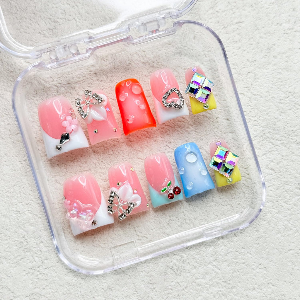 RIICFDD French Press Nails – Orange Duck Nails with 5D Flower Art & Rhinestones (Size S)