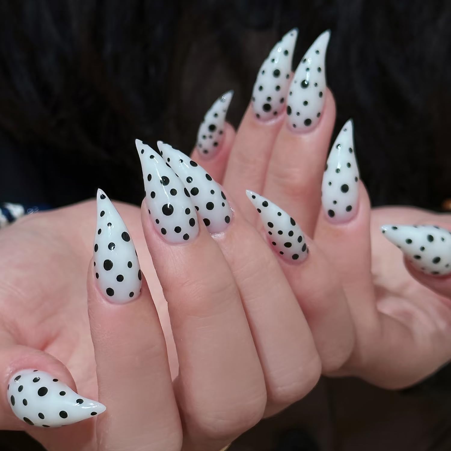 RIICFDD 10 Pcs Thick Press-On Nails White Stiletto – Reusable, Polka Dot Design