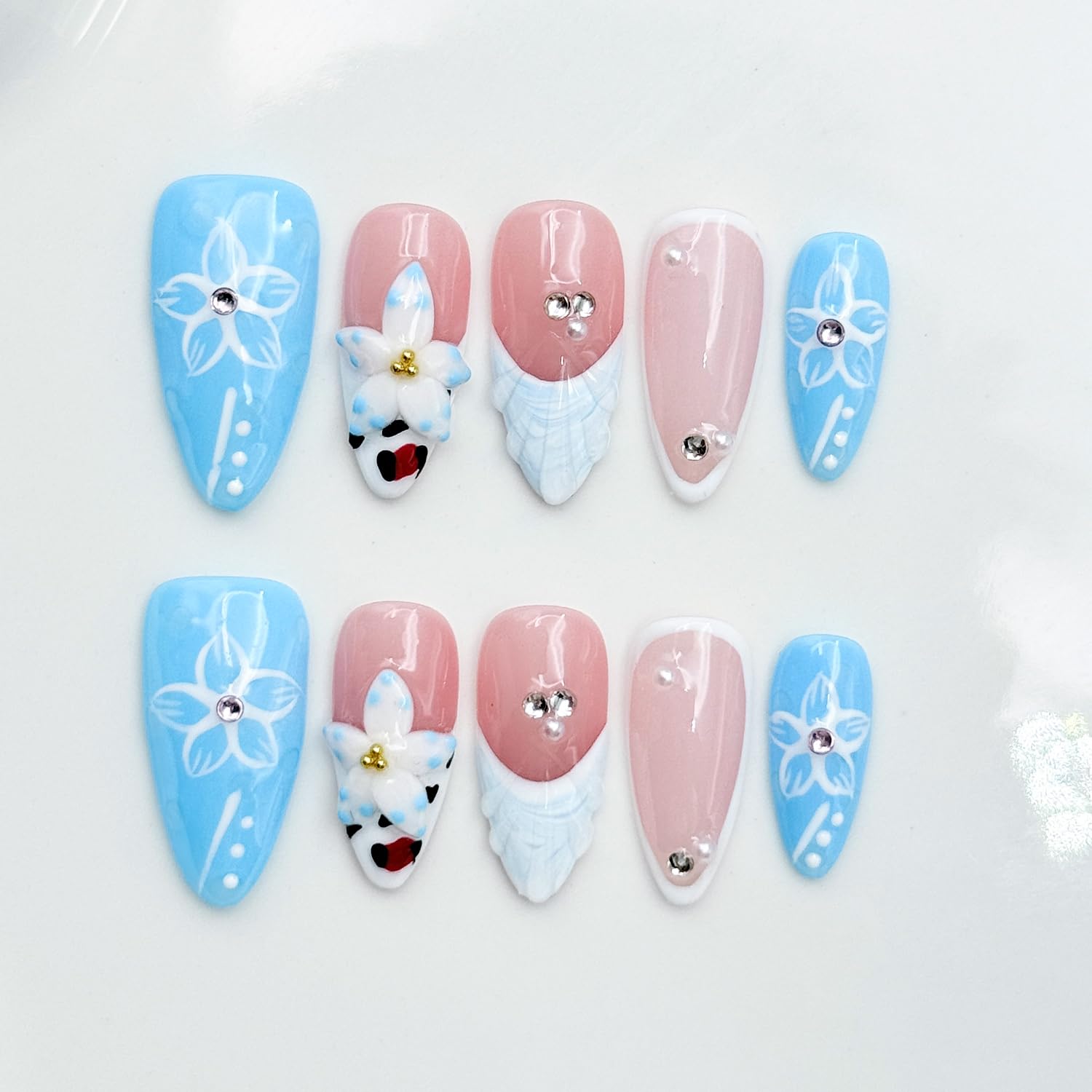 RIICFDD 10 Pcs Blue French Almond Press-On Nails – 5D Flower Art, Reusable Thick Gel Nails (Size S)