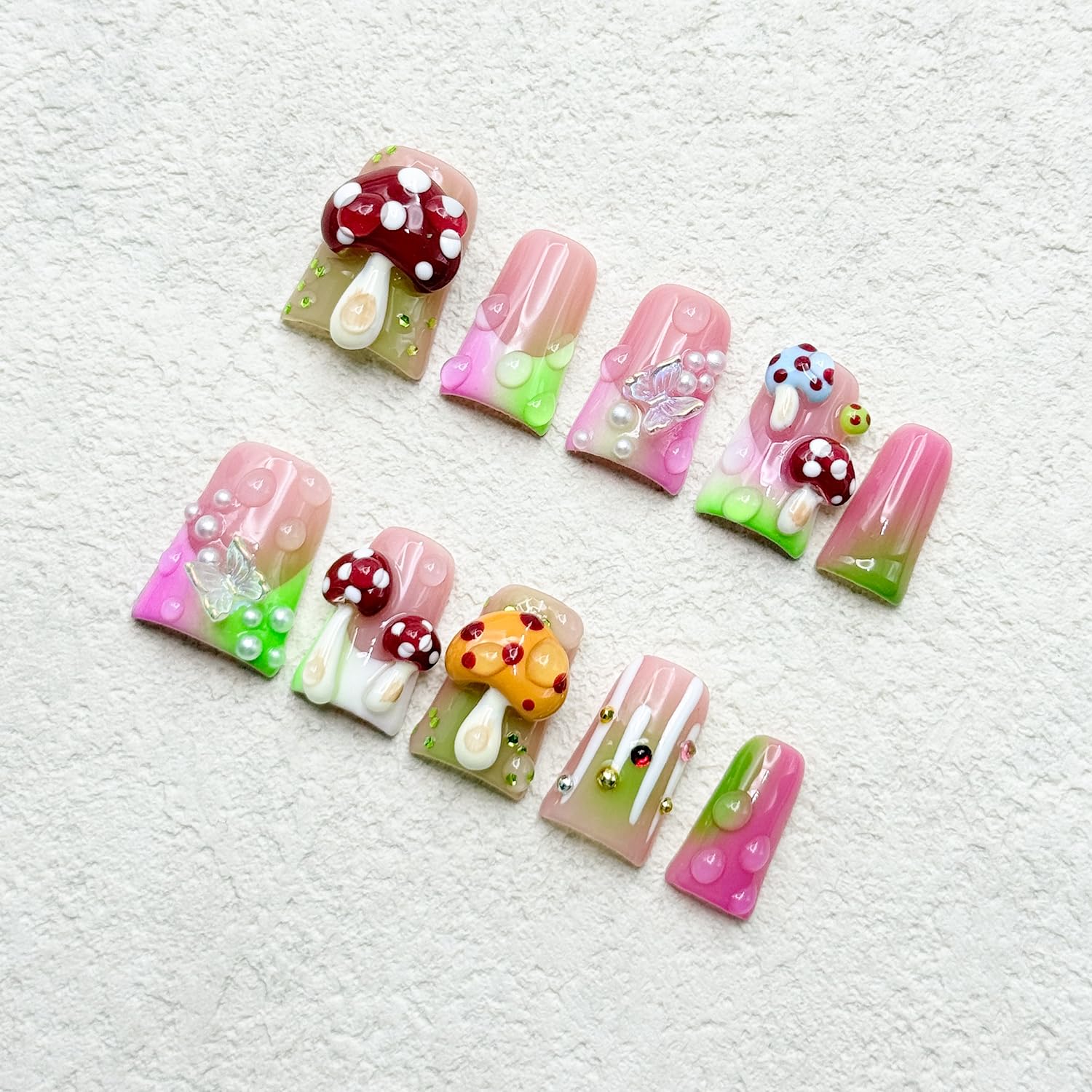 RIICFDD Luxury Handmade Press-On Nails – Medium Duck with 3D Mushroom Art (Size S)