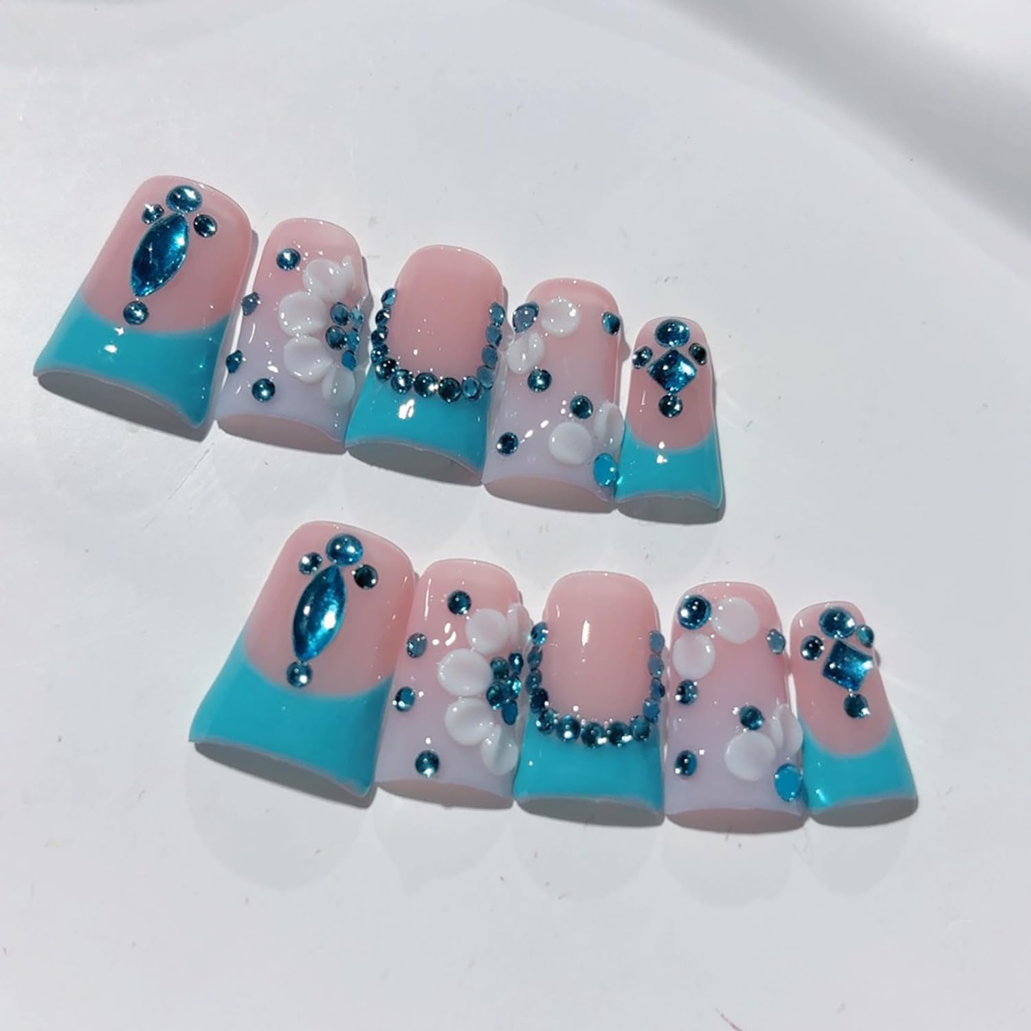 RIICFDD Handmade Press On Nails 3D Blue Rhinestones – Reusable Full-Cover Acrylic Nails (Size M)