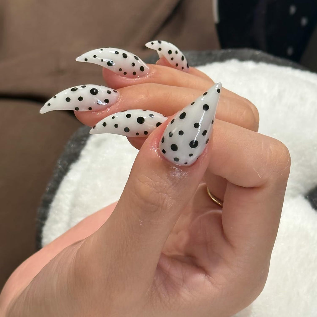 RIICFDD 10 Pcs Thick Press-On Nails White Stiletto – Reusable, Polka Dot Design