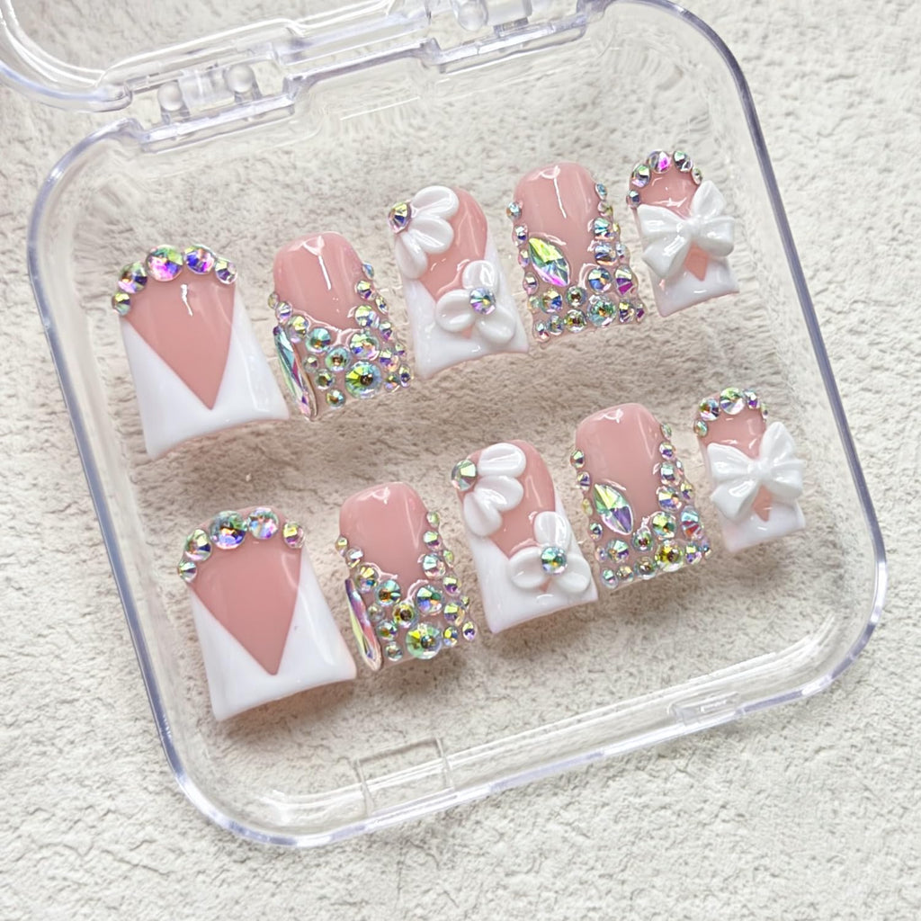 RIICFDD Luxury Rhinestone Medium Duck Press-On Nails – Nude 5D Flower Art & White French