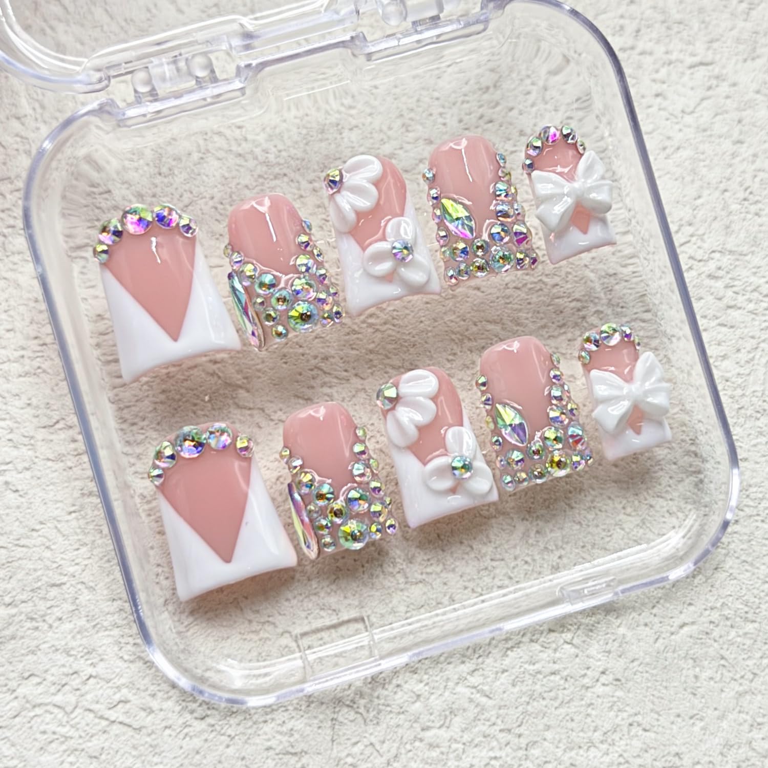 RIICFDD Luxury Rhinestone Medium Duck Press-On Nails – Nude 5D Flower Art & White French