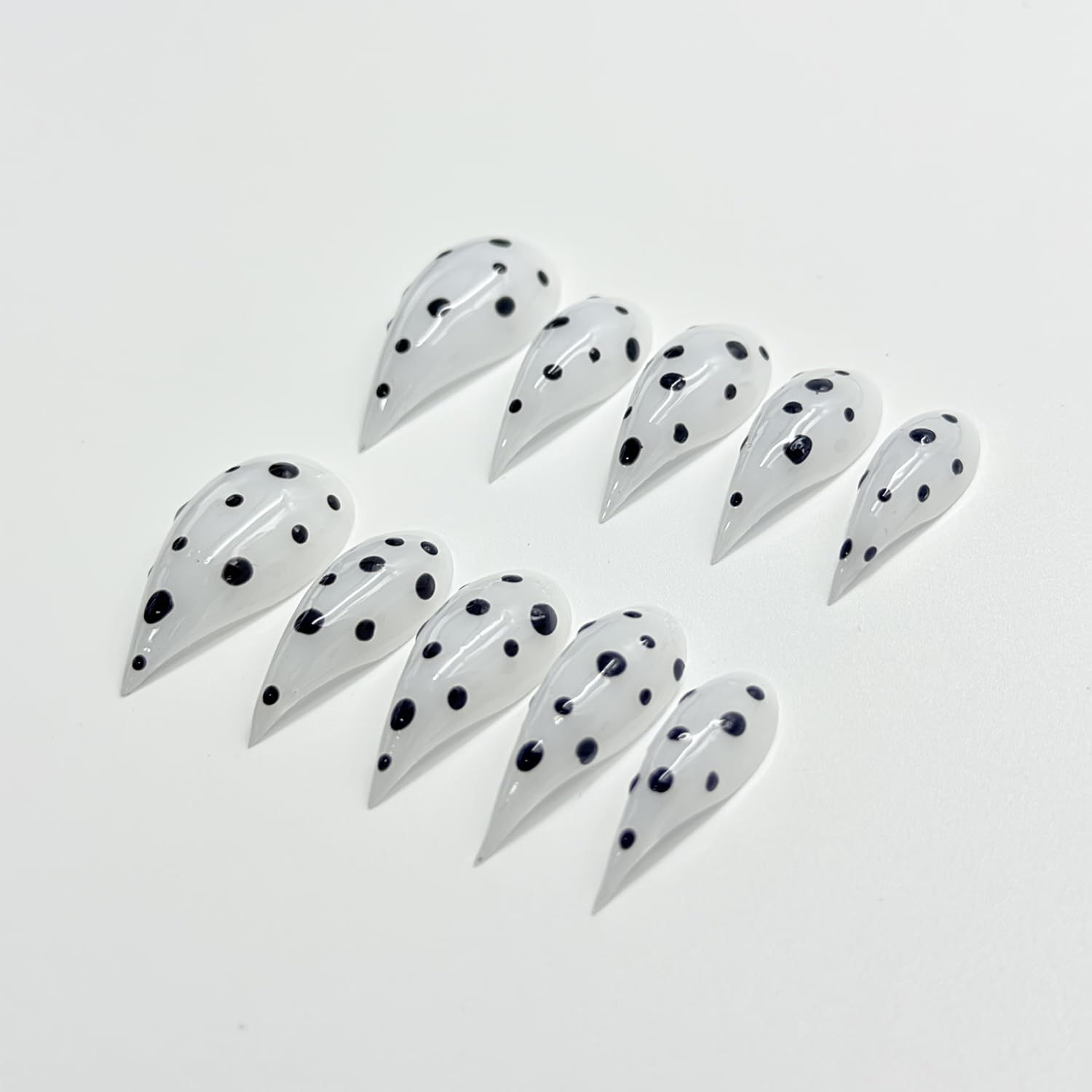 RIICFDD 10 Pcs Thick Press-On Nails White Stiletto – Reusable, Polka Dot Design