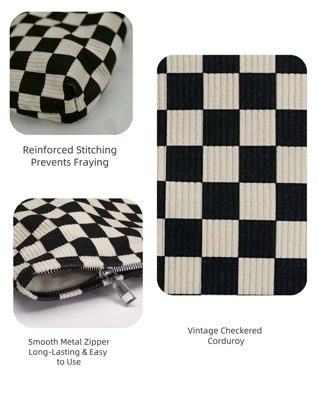 RIKMOXR Black and White Checkered Makeup Bag Set of 2 – Corduroy Cosmetic Pouches for Women, Travel Toiletry Organizer