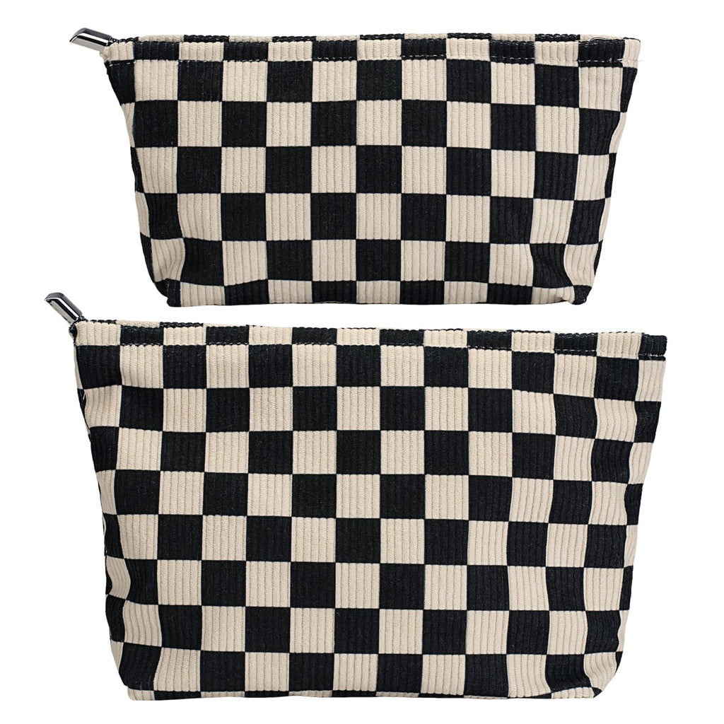 RIKMOXR Black and White Checkered Makeup Bag Set of 2 – Corduroy Cosmetic Pouches for Women, Travel Toiletry Organizer