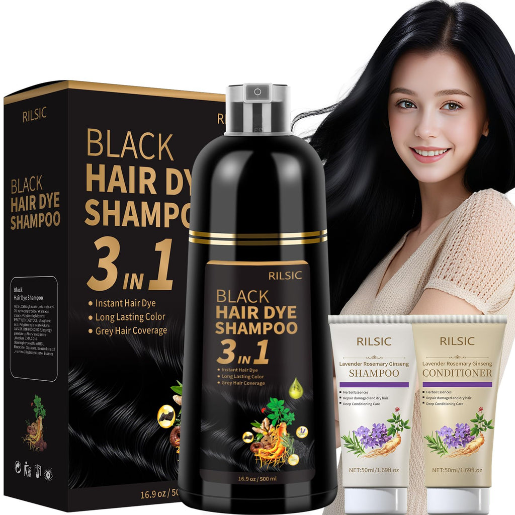 RILSIC Black Hair Dye Shampoo 3 in 1 – Ammonia-Free Grey Coverage in Minutes (600ML)