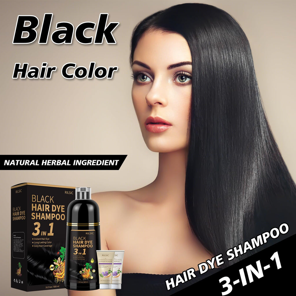 RILSIC Black Hair Dye Shampoo 3 in 1 – Ammonia-Free Grey Coverage in Minutes (600ML)