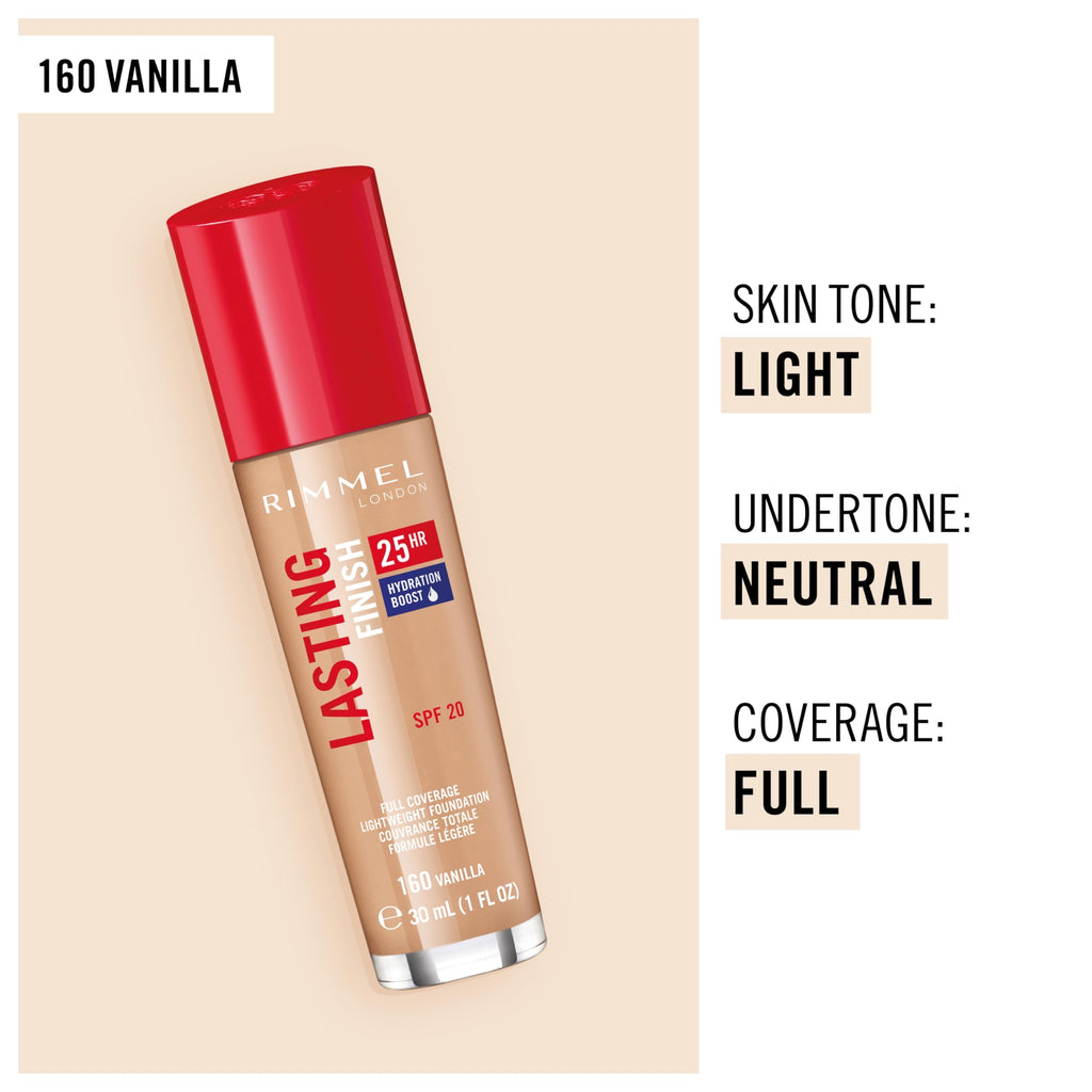 Rimmel Lasting Finish 25HR Foundation – Vanilla 160 (1 oz) | Full Coverage, Waterproof, SPF 20