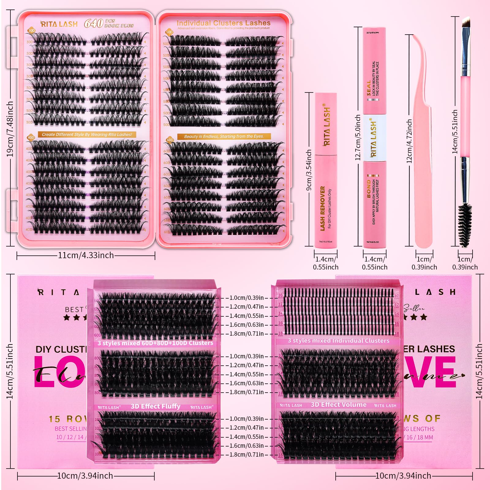 RITALASH Lash Clusters Kit — 3D Cat-Eye Extensions + Bond & Seal