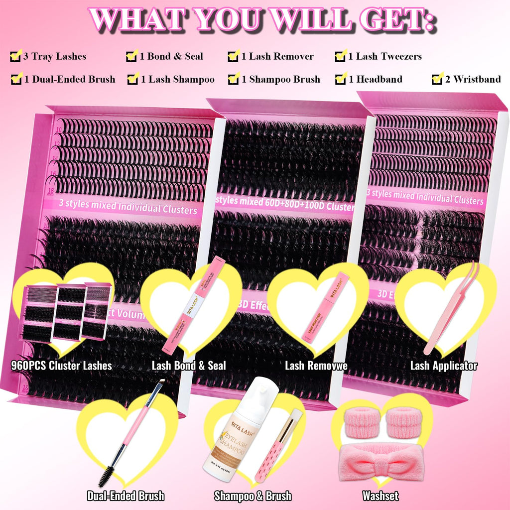 Ritalash Lash Clusters Kit – 3 Boxes, 960 Pcs, DIY Lash Extensions