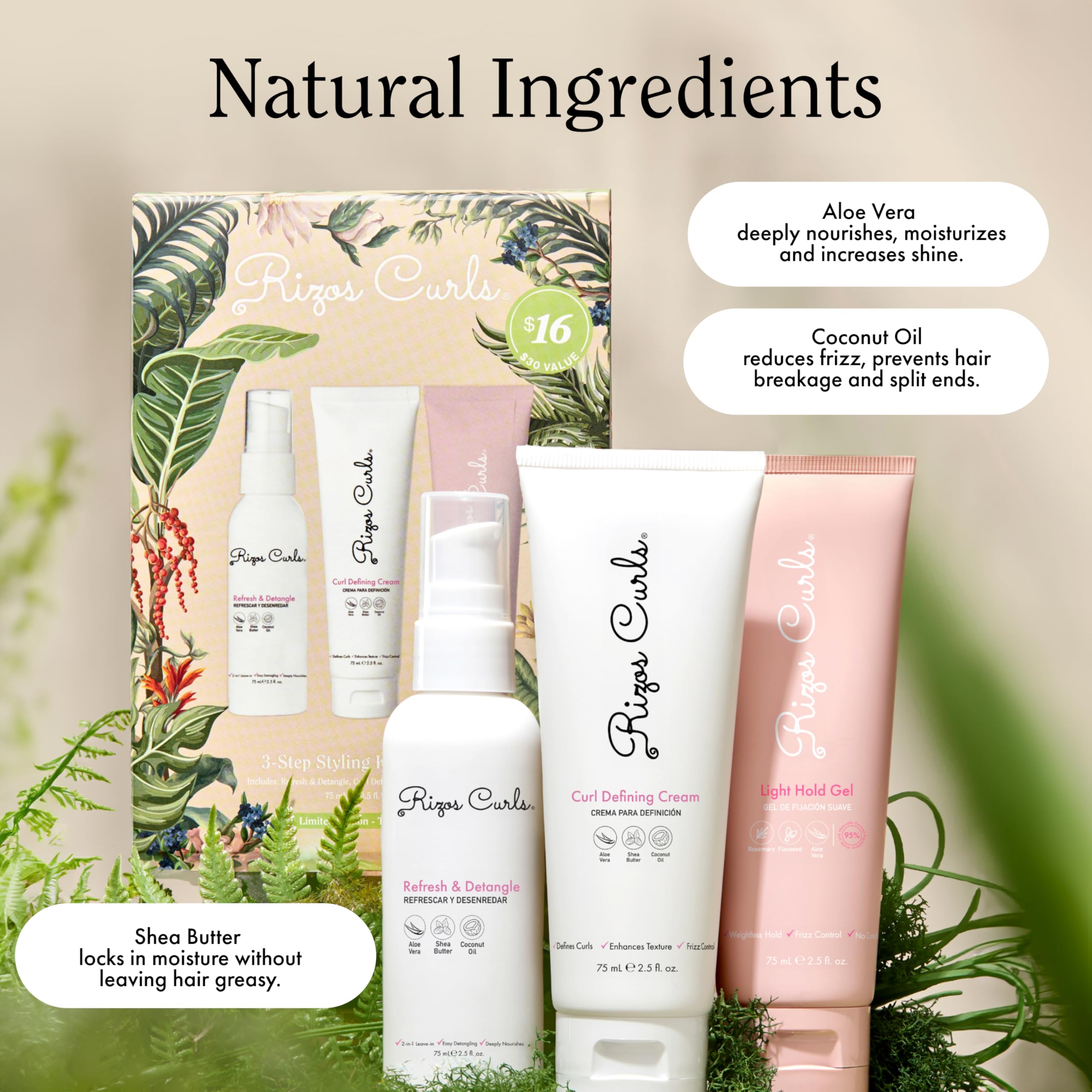 Rizos Curls 3-Step Styling Kit: Curl Cream, Light Hold Gel & Refresh Spray – Sulfate & Paraben Free
