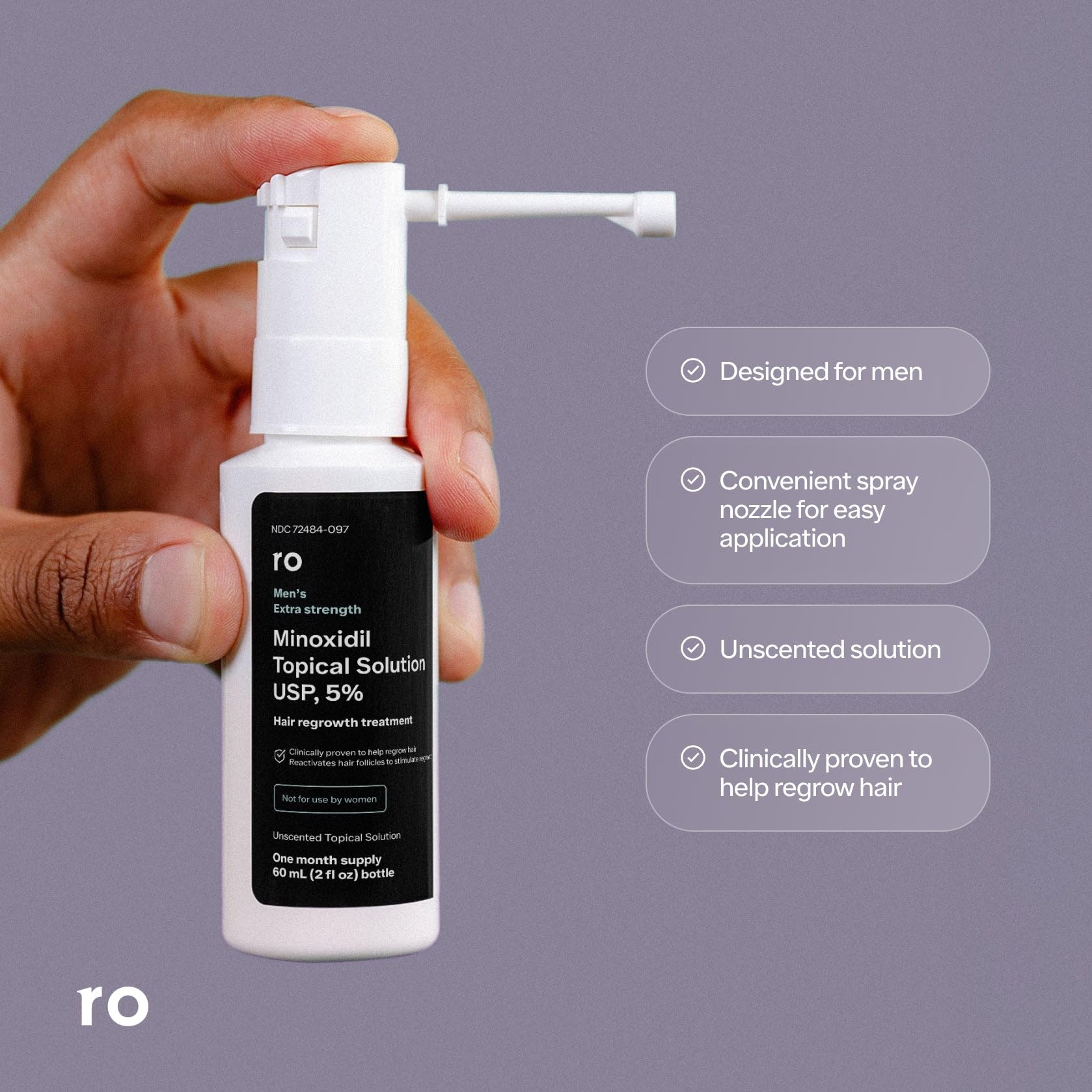Ro Roman Men's Topical Hair Regrowth Spray – 5% Minoxidil, Unscented, 3-Month Supply