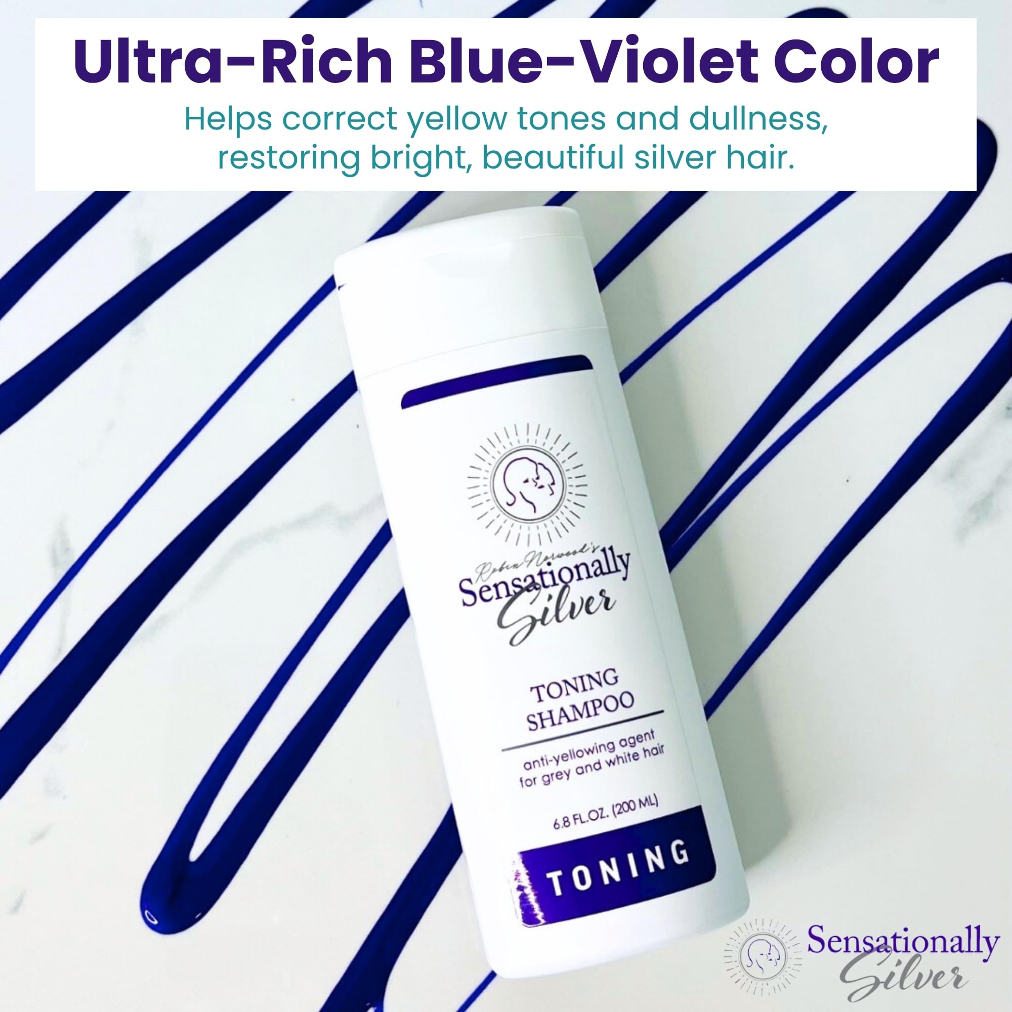 Robin Norwood's Sensationally Silver Toning Shampoo – Purple Shampoo for Gray & White Hair – Restores Shine & Neutralizes Yellowing – 6.8 oz