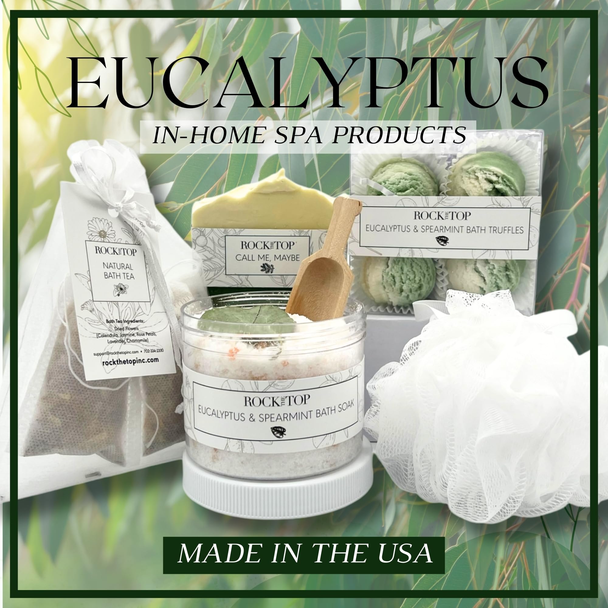 Rock the Top USA MADE Eucalyptus Spearmint Spa Gift Basket – 6 Self-Care Gifts for Women
