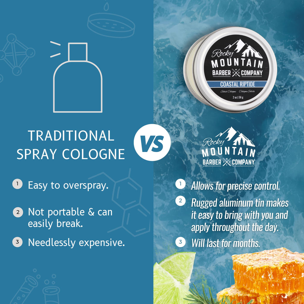 Rocky Mountain Barber Company Solid Cologne for Men – Coastal Riptide, 2 oz – Coconut Oil & Shea Butter