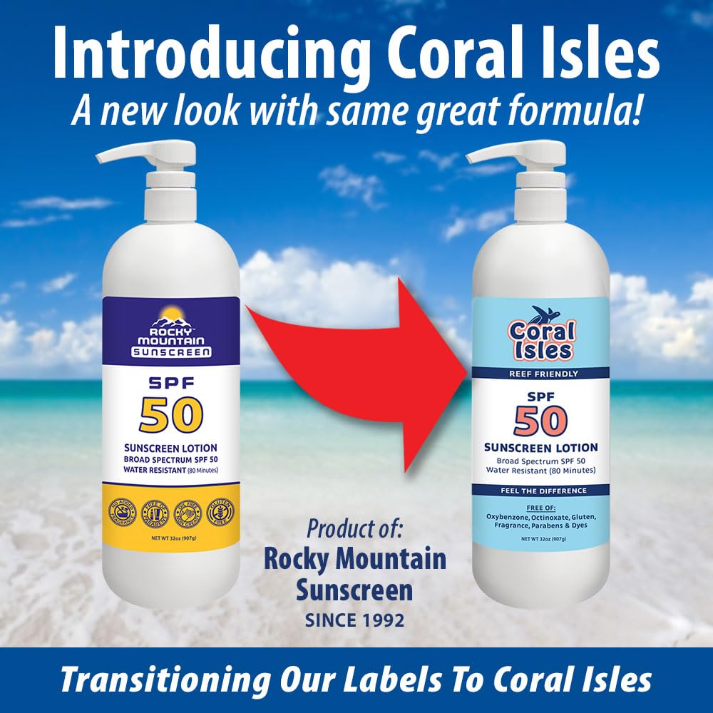 Coral Isles by Rocky Mountain Sunscreen | SPF 50 Lotion | Reef-Safe | Hawaii Compliant | 32 oz