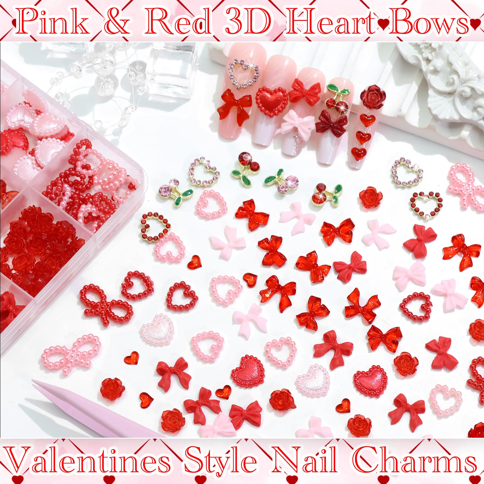RODAKY Bow Nail Charms Pink Red Heart – 3D Cherry Nail Art Gems