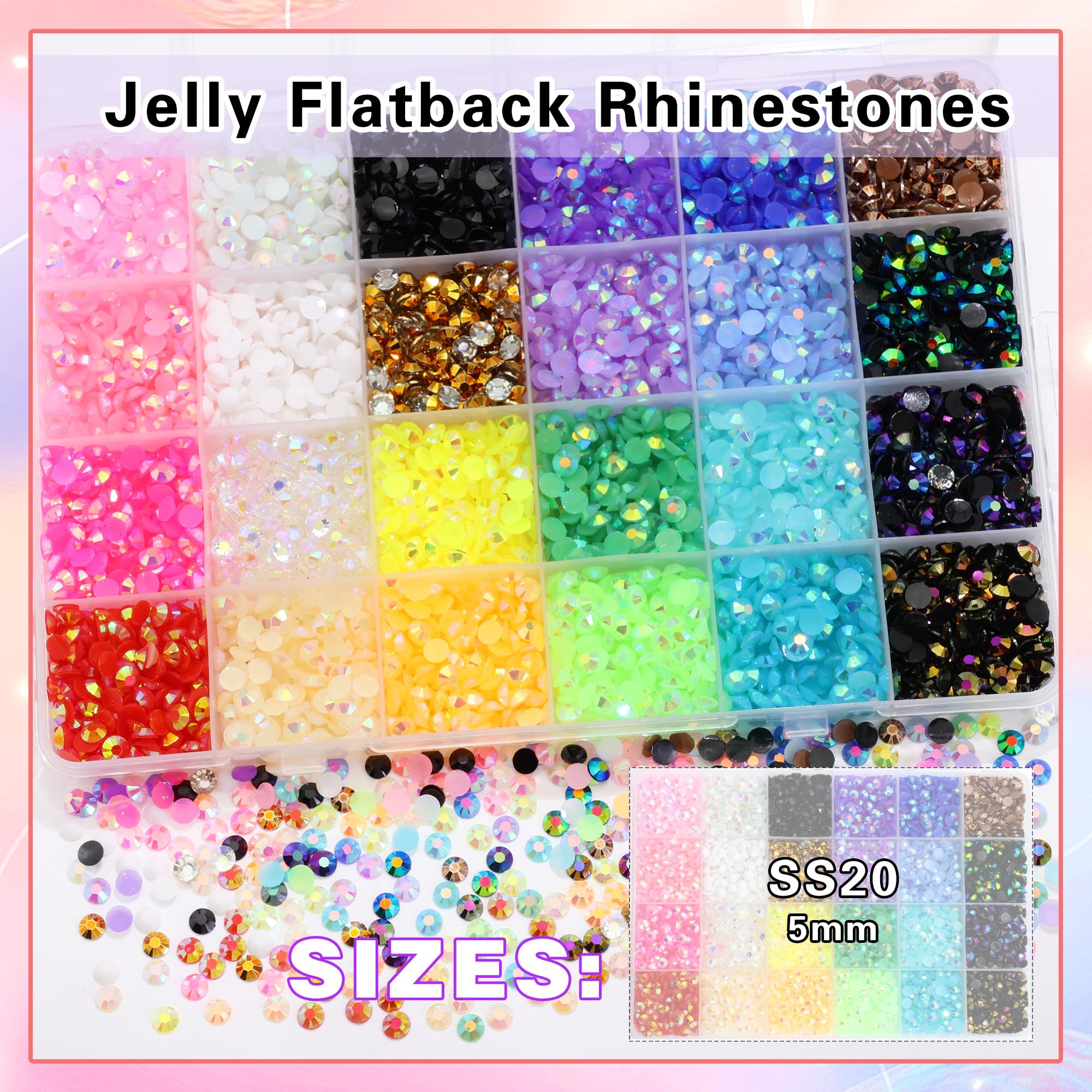 RODAKY Resin Jelly Rhinestones – 24-Color 5mm Nail Art Gems Kit