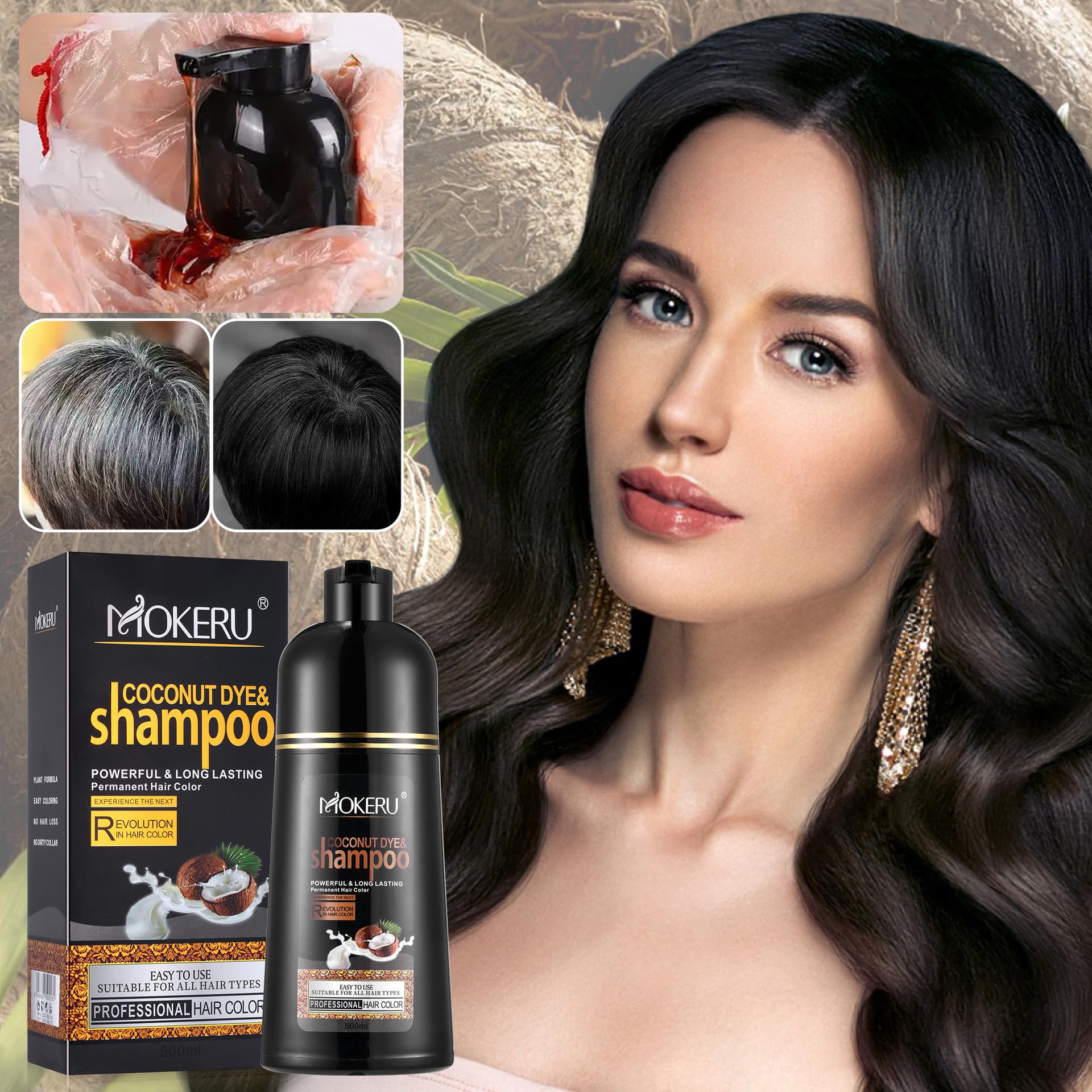 Roivikis MOKERU Coconut Oil Black Hair Dye Shampoo 3-in-1 for Gray Coverage | Semi-Permanent Color