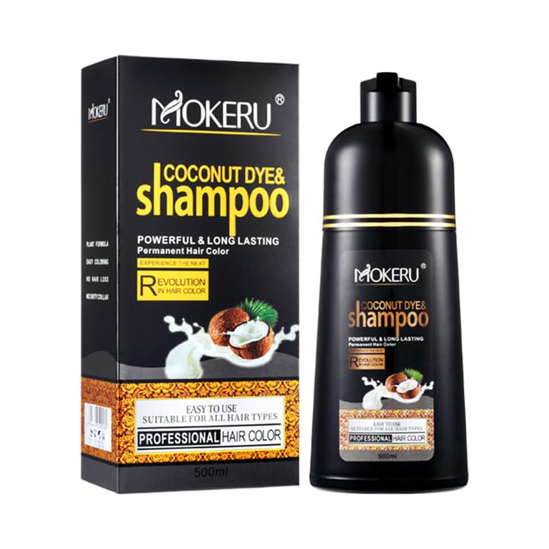 Roivikis MOKERU Coconut Oil Black Hair Dye Shampoo 3-in-1 for Gray Coverage | Semi-Permanent Color