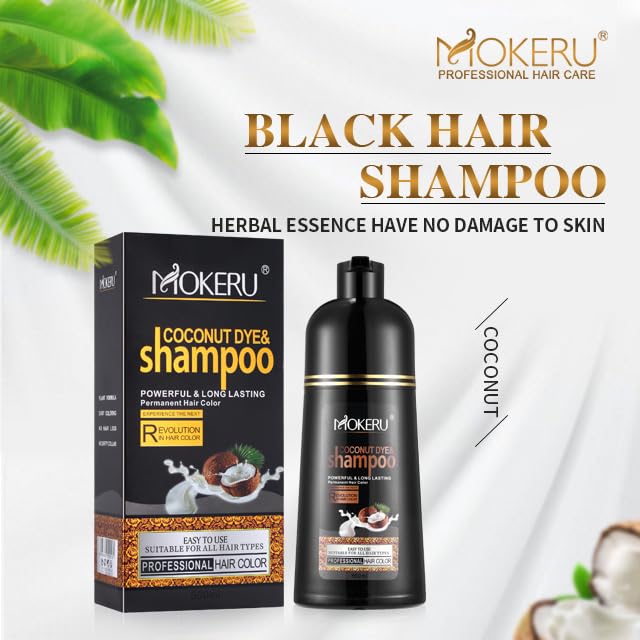 Roivikis MOKERU Coconut Oil Black Hair Dye Shampoo 3-in-1 for Gray Coverage | Semi-Permanent Color