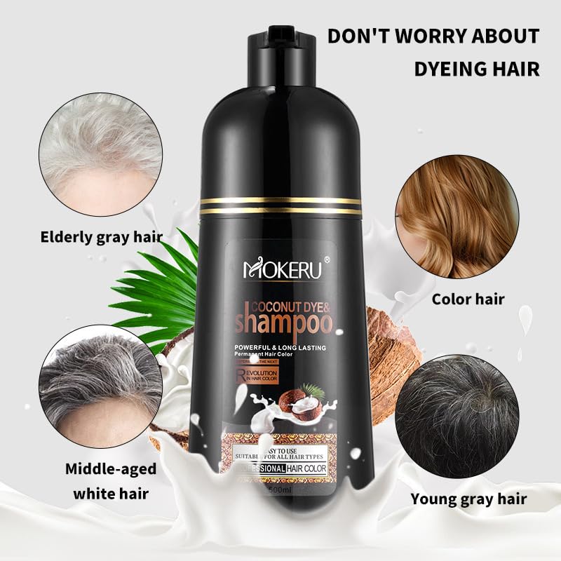 Roivikis MOKERU Coconut Oil Black Hair Dye Shampoo 3-in-1 for Gray Coverage | Semi-Permanent Color