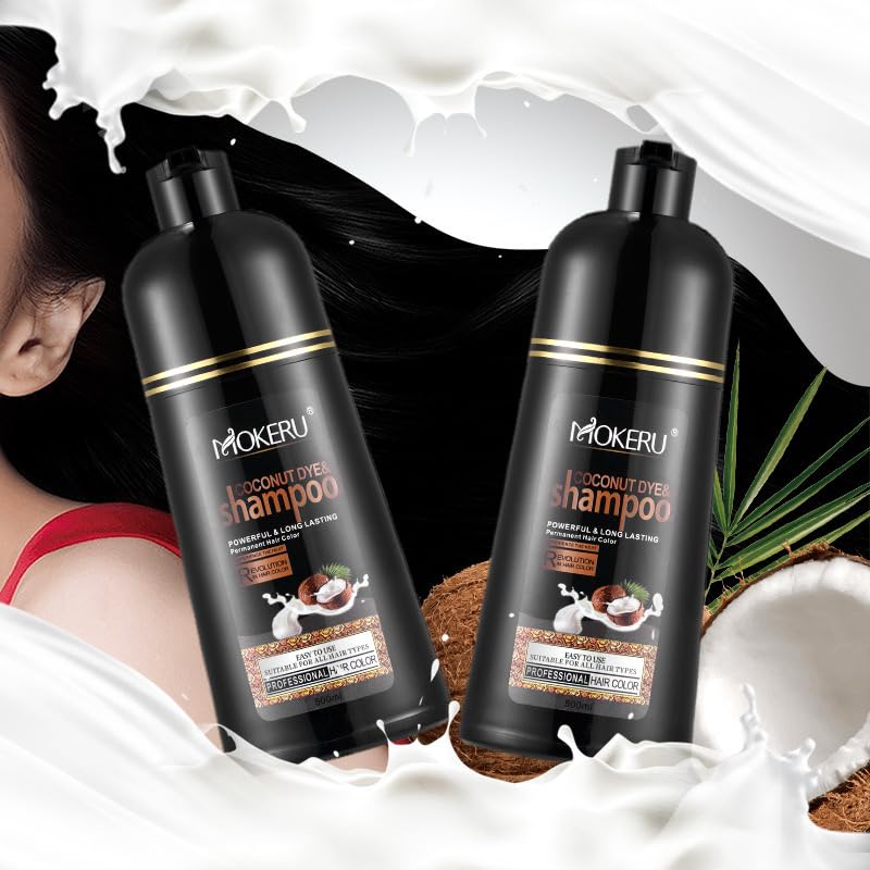Roivikis MOKERU Coconut Oil Black Hair Dye Shampoo 3-in-1 for Gray Coverage | Semi-Permanent Color