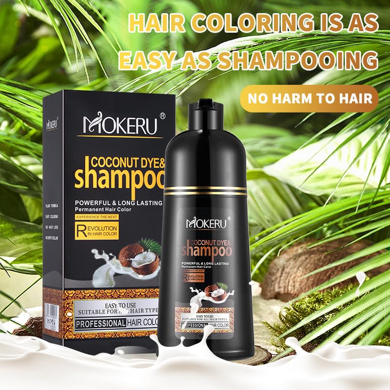Roivikis MOKERU Coconut Oil Black Hair Dye Shampoo 3-in-1 for Gray Coverage | Semi-Permanent Color