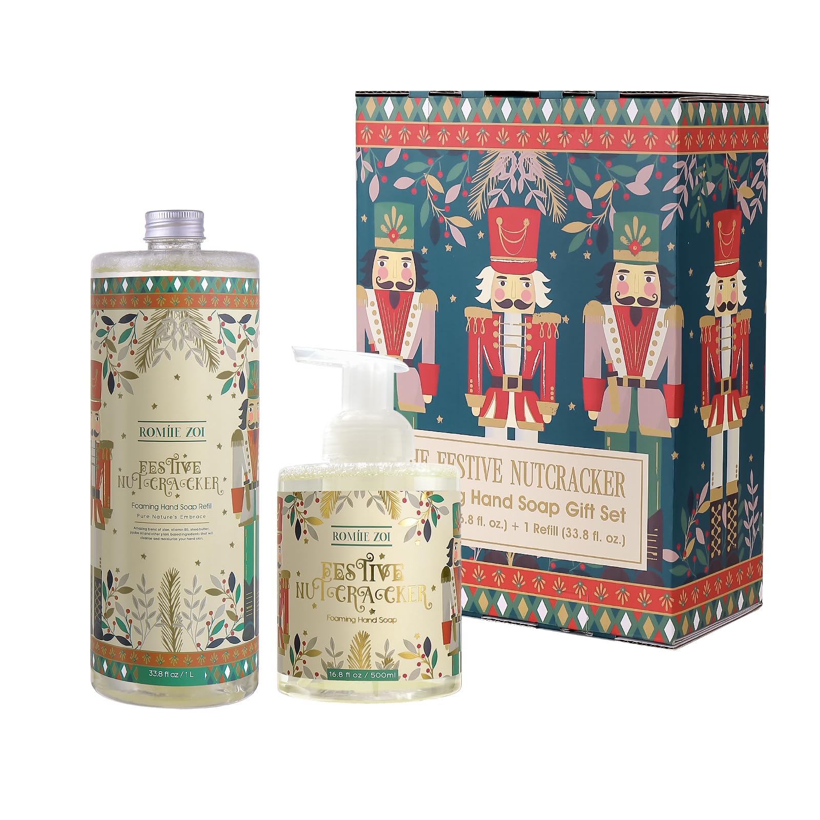 ROMIIE ZOI Christmas Foaming Hand Soap Refill Set – Nutcracker Edition, 1000 ml + 500 ml Dispenser