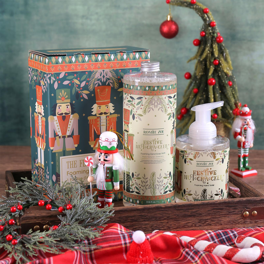 ROMIIE ZOI Christmas Foaming Hand Soap Refill Set – Nutcracker Edition, 1000 ml + 500 ml Dispenser