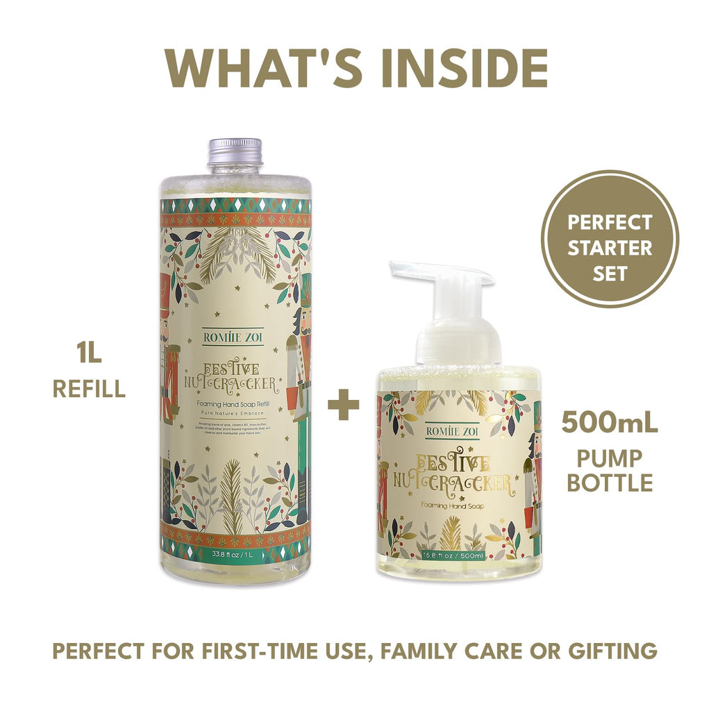 ROMIIE ZOI Christmas Foaming Hand Soap Refill Set – Nutcracker Edition, 1000 ml + 500 ml Dispenser