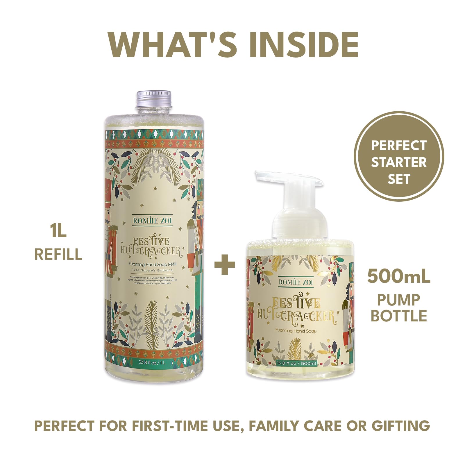 ROMIIE ZOI Christmas Foaming Hand Soap Refill Set – Nutcracker Edition, 1000 ml + 500 ml Dispenser