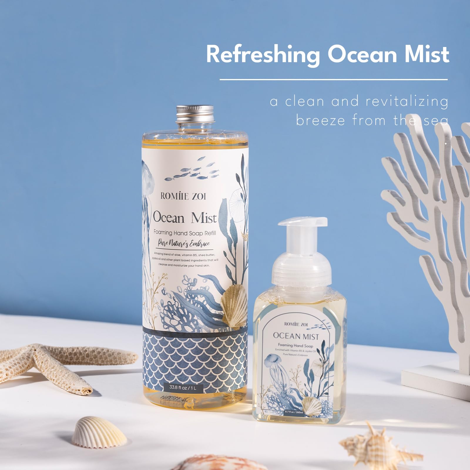 ROMIIE ZOI Ocean Mist Foaming Hand Soap Refills with Reusable Dispenser – 3 x 1L